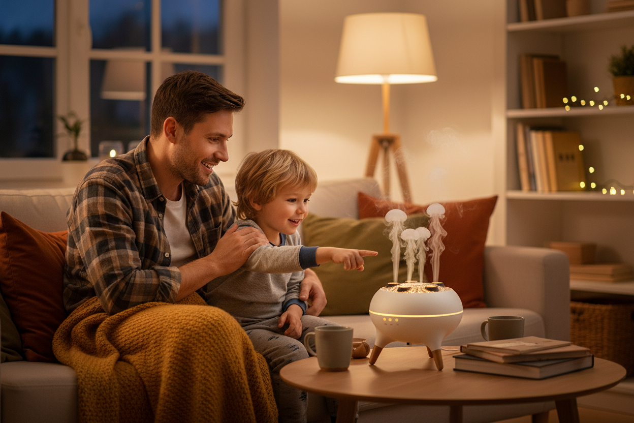Padre e hijo con humidificador JellyFish correcto